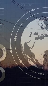 Animation of data processing with globe over electricity pylons