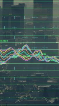 Animation of data processing and diagrams over cityscape