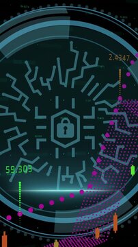 Animation of padlock icon and data processing over black background
