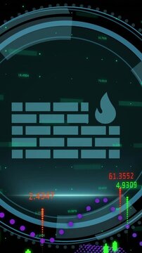 Animation of fire wall icon and data processing over black background