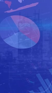 Pie chart and world map animation over cityscape with financial data