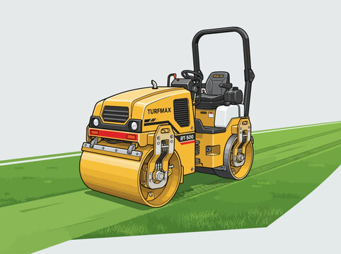 Road roller machine flattening fresh green grass on a sunny day illustrated in a professional clean modern flat graphic style