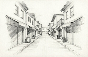 Fototapeta premium Architectural Sketch of a European Pedestrian Street with Shops and