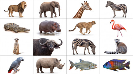 Fototapeta premium Mega set of African animals and safari wildlife including lion, elephant, giraffe, zebra, cheetah, rhinoceros, and meerkat isolated on white background.