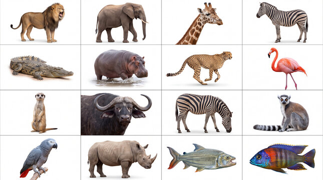 Mega set of African animals and safari wildlife including lion, elephant, giraffe, zebra, cheetah, rhinoceros, and meerkat isolated on white background.
