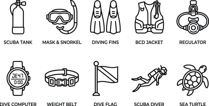 A comprehensive set of vector outline icons representing various scuba diving equipment, gear, and marine life elements on a clean white background