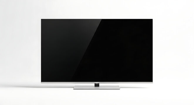 A modern wide screen television with a blank black display on a white background