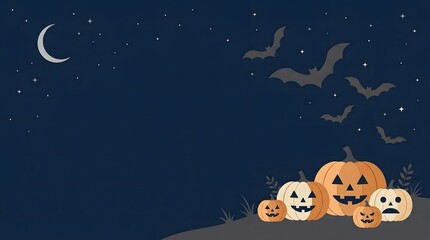 Naklejka premium A festive happy halloween background featuring carved pumpkins under a crescent moon and flying bats at night