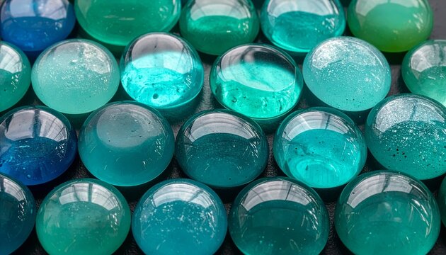 Polished and frosted turquoise blue sea glass pebbles background banner