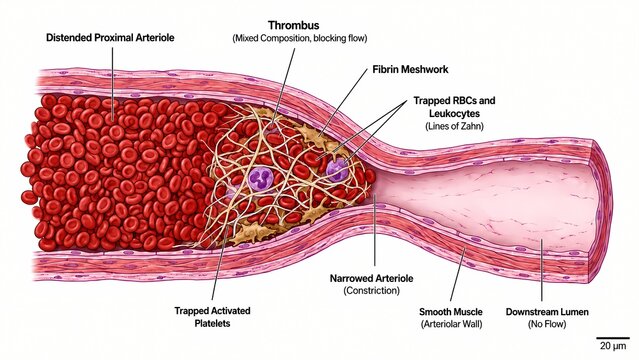 Medical diagram showing arteriole thrombosis with fibrin meshwork trapping red blood cells and platelets