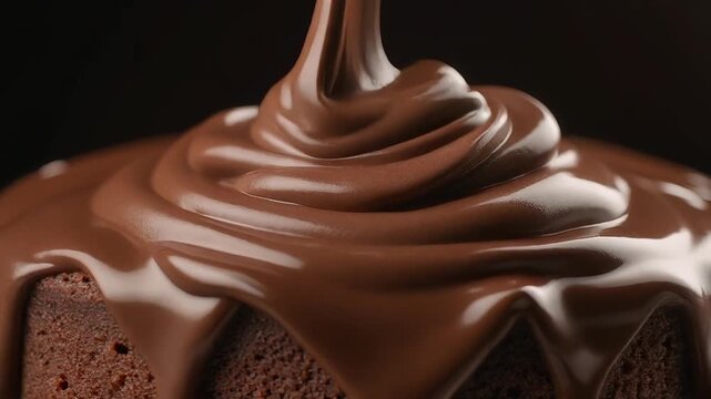 Macro video of warm chocolate cream forming smooth layers over a dense fudge cake, illuminated with controlled studio highlights