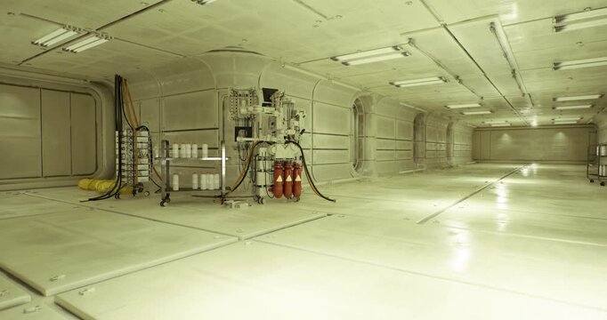 Service hub with processing modules and canisters, hoses connected to panels, floor reflection, bright sterile lighting, maintenance footprints, industrial