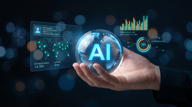 Glowing AI globe in hand, data charts, and network map, symbolizing technological innovation, global connectivity, and business intelligence.