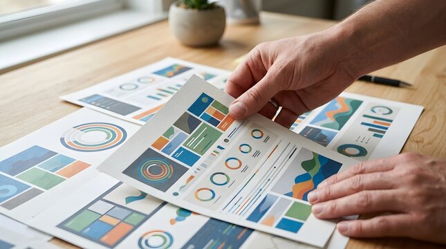 Hands reviewing business financial charts and data dashboard reports on a wooden desk.