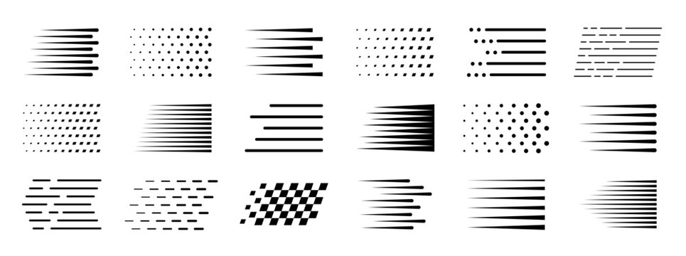 Speed lines and motion effect icon set. Fast drive trails, dynamic halftone pattern, race streak and velocity motion outline vector symbols.