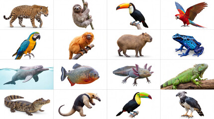 Naklejka premium Mega set of South American animals and Amazon rainforest wildlife including jaguar, sloth, capybara, macaw, toucan, and pink river dolphin isolated on white background.