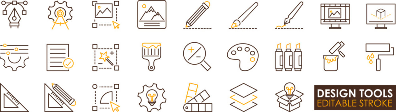 Vector icons of design tools set including pen tool, color swatch, and layout elements conveying creativity and precision