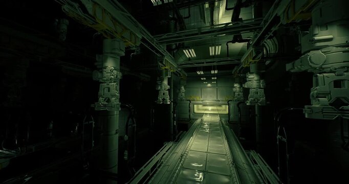 postevacuation maintenance corridor strewn with emergency gear, helmets and harnesses, caution tape and battery packs indicating recent evacuation.
