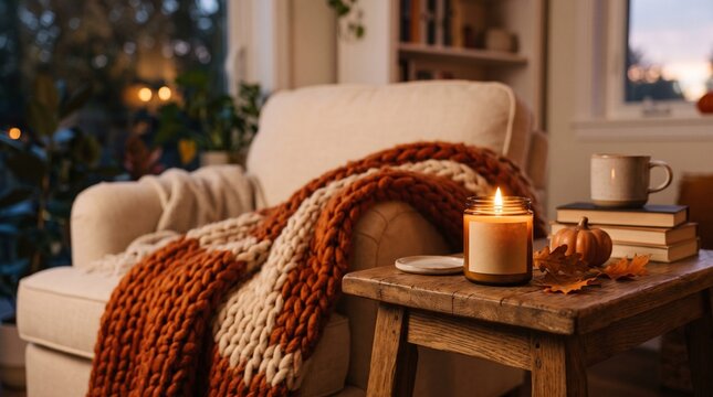 Cozy autumn home decor with burning scented candle on wooden table and knit blanket on armchair