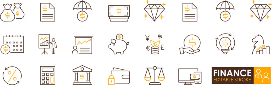 Financial icon set illustrating money, investment, savings, growth and banking concepts with clean line art conveying professional optimism