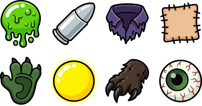 Fantasy Game Item Icon Set with Slime Bullet Eye Claw and Glowing Orb
