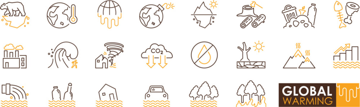 Icon set illustrating global warming effects with warm color strokes, melting earth, floods, drought, storms, fires, and pollution evoking urgency