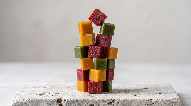 A precarious tower of colorful fruit and vegetable gelatin cubes on stone