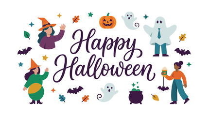 Fototapeta premium Halloween greeting banner decorated with spooky ghosts, carved pumpkins, witches, and flying bats.