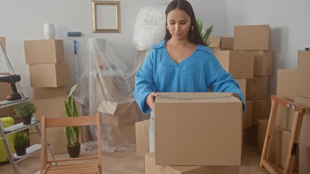 Woman in blue sweater rests hand on a cardboard box and stands with hand on hip in a building filled with packed boxes and ladder; new home anticipation.