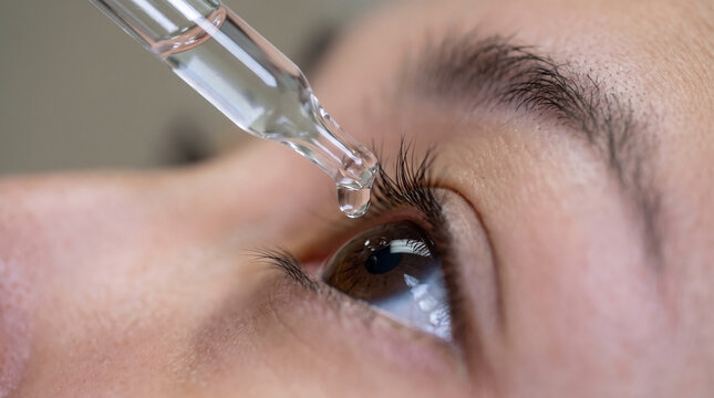 Close up of eye drops released into human eye from transparent glass dropper, showing precise liquid drop. Hydrating eye drops provide essential comfort and relief for dry eyes.