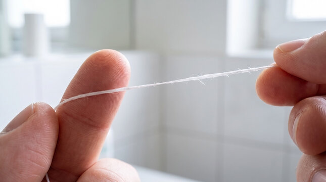 Close up view of floss thread held between two fingers, demonstrating proper oral hygiene technique. Hands manipulate thin floss thread, preparing for interdental cleaning and plaque removal.