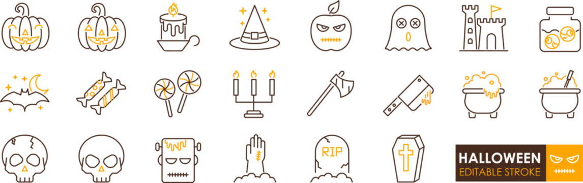 Halloween icon set, Jack o lantern pumpkin candle witch hat spooky