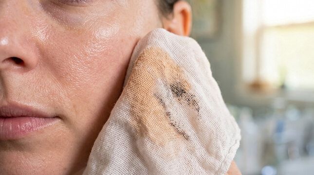 Textured face wipe removing makeup for clear skin detail, highlighting gentle daily cleansing routine. Close up view of woman's skin while removing makeup with soft towel for personal hygiene.
