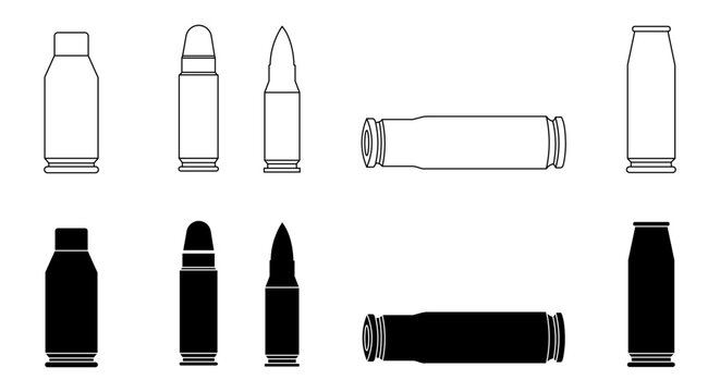 Set of bullet and ammunition icons in outline and solid style