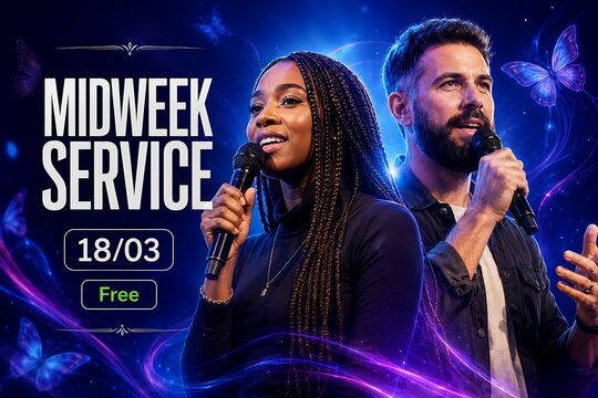 Church Midweek Service flyer template, Worship band singing into microphones, Divine praise, Spiritual blues background, Butterfly effects, Light streams, 18/03 date