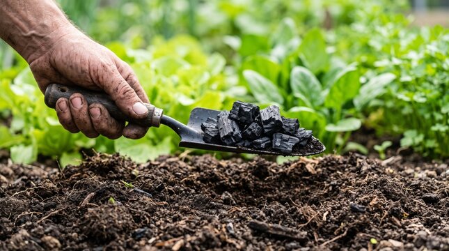 A hand holding a garden trowel with biochar over fresh organic soil