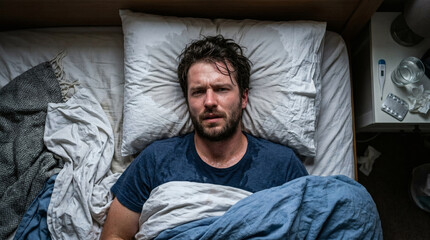 Fototapeta premium Sick Man Lying in Bed With Fever and Sweaty Shirt Surrounded by Tissues and Medicine