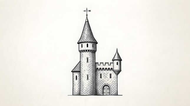 Medieval castle ink illustration with stone towers and battlements on white background.