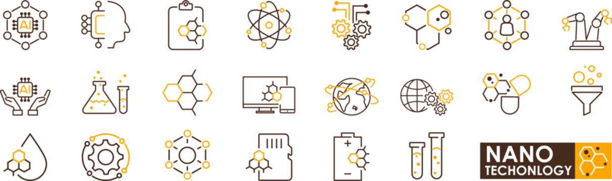 Nano technology concept icons orange and brown line art illustrating science, research, lab equipment, molecular structure and innovation with