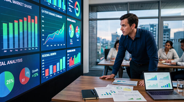 Modern office with team analyzing data on large screen and laptop, symbolizing business strategy and growth, ideal for corporate concepts