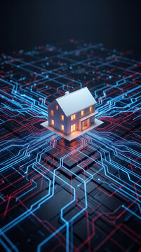 Abstract digital circuit board with a house model, symbolizing smart home technology and connectivity, futuristic concept