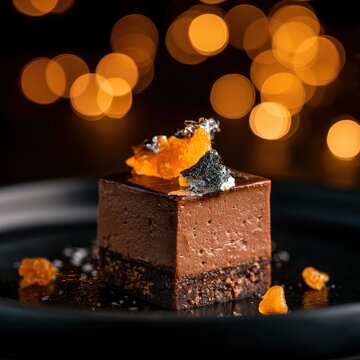 A modern chocolate-orange torte cube with candied orange peel and silver leaf on a black plate. Intense festive bokeh lights