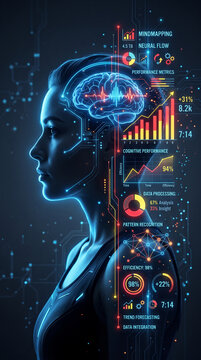 Profile of a person with a glowing digital brain displaying data analytics, symbolizing AI and cognitive computing, representing intelligence, innovation, and progress