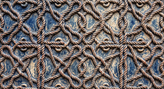 Close up view of a knotted rope pattern embossed on a dark metallic surface