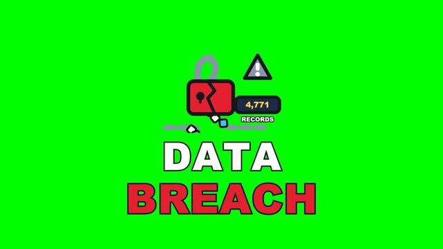 4K green screen DATA BREACH animated text - the padlock springing open as records spill out, kinetic typography cyber security overlay for tech content and social media, chroma key