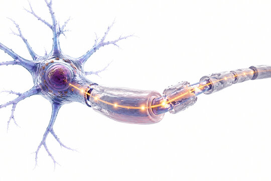 3D illustration of neuron cell body with dendrites and myelinated axon showing electrical impulse signal transmission