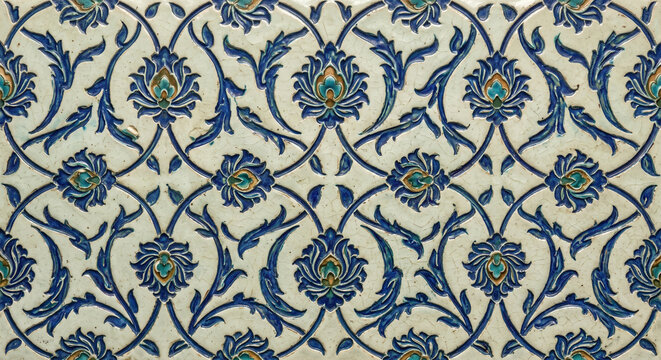 White ceramic tiles featuring classic blue and gold floral ogee arch patterns