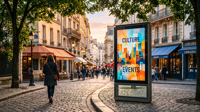 Digital billboard on cobblestone street displaying "CULTURE EVENTS", symbolizing city life and cultural promotion, inviting exploration.