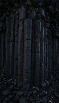Macro shot of vertical geometric lines in black basalt rock columnar jointing
