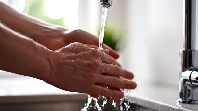 Drinking water from the tap flows into the woman's hand new